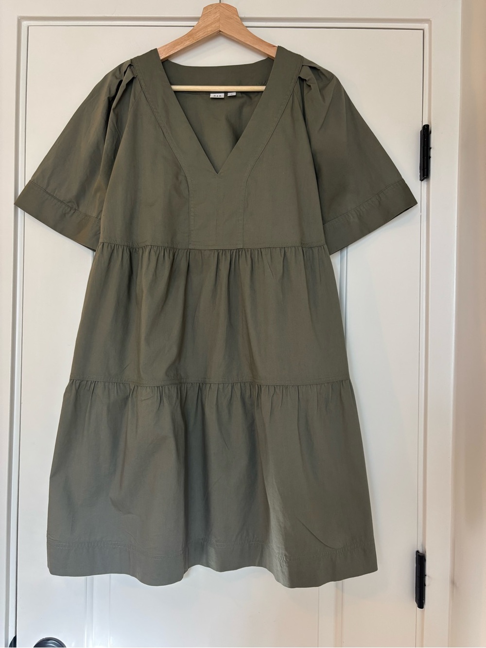 GAP Tiered V-Neck Short Sleeve Babydoll Dress Olive Green Cotton Small - Picture 2 of 9